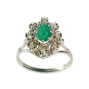 Bague d'occasion or 750 blanc diamants, émeraude