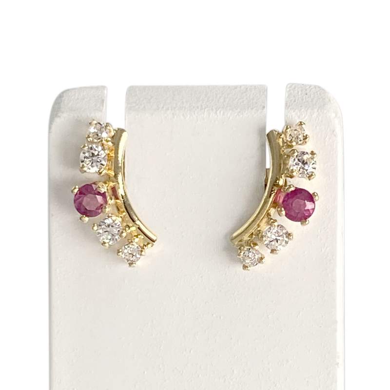 Pre-owned 14K yellow gold earrings with rubies and cubic zirconia - view 1