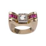 Bague d'occasion 2 ors 750 pierre blanche, rubis synthétiques - vue 1