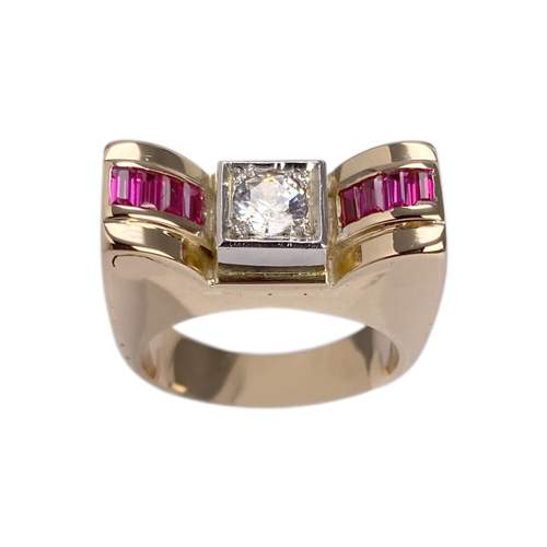 Bague d'occasion 2 ors 750 pierre blanche, rubis synthétiques