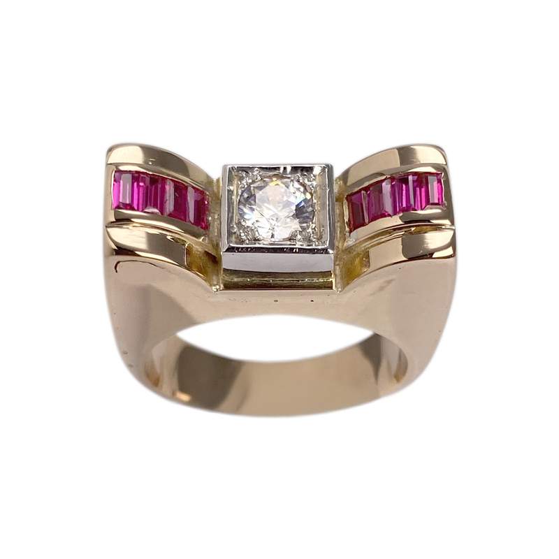 Bague d'occasion 2 ors 750 pierre blanche, rubis synthétiques - vue 1