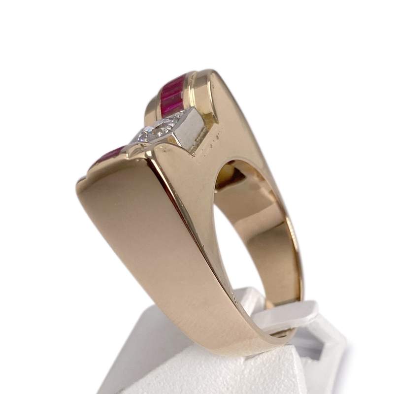 Bague d'occasion 2 ors 750 pierre blanche, rubis synthétiques - vue 2