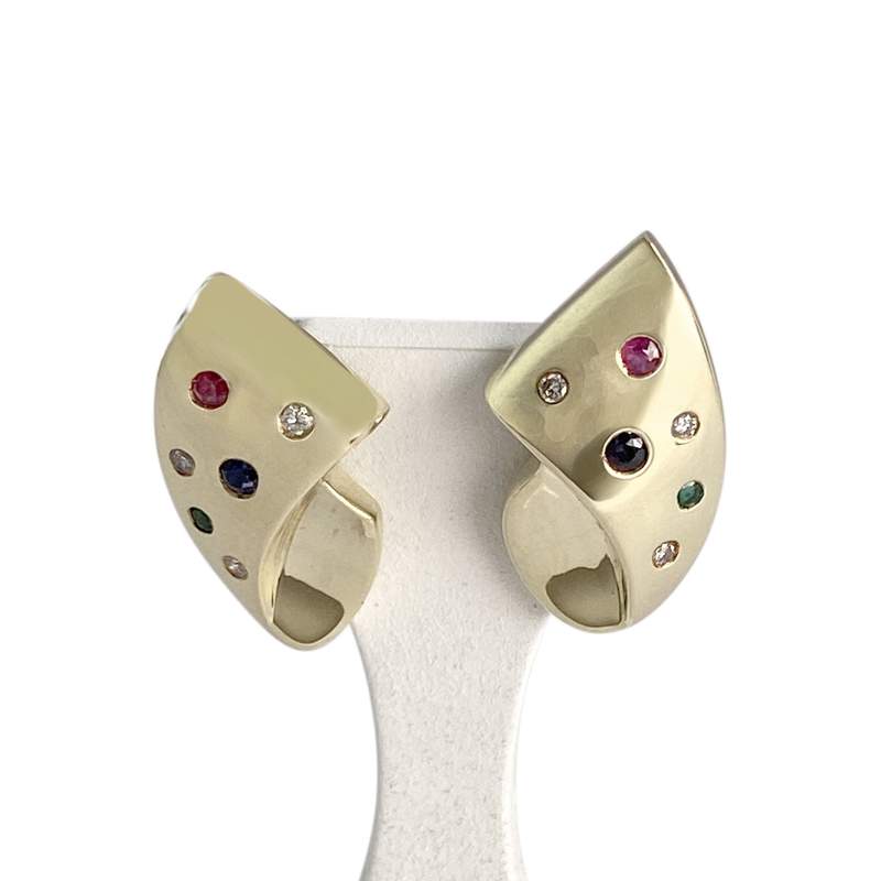Boucles d'oreilles d'occasion or 585 jaune saphirs, rubis, émeraudes, diamants - vue 1
