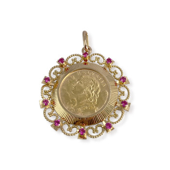 Secondhand 750 yellow gold Helvetia medal with synthetic rubies