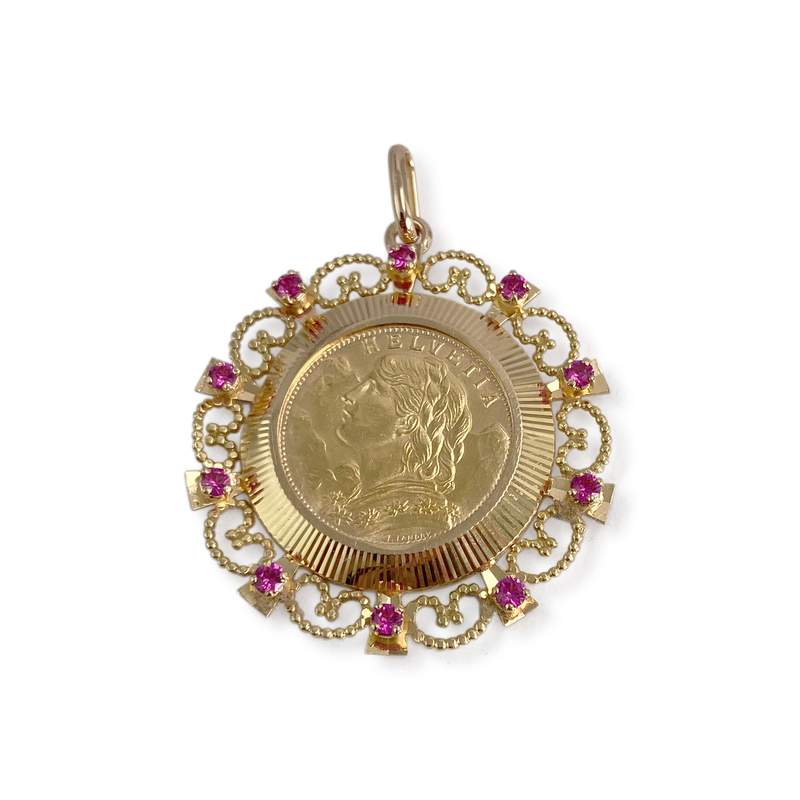 Médaille d'occasion or 750 jaune Helvetia rubis synthétiques - vue 1