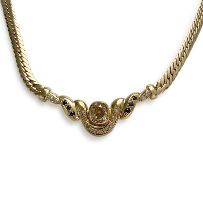 Collier d'occasion or 750 jaune maille anglaise diamants, saphirs