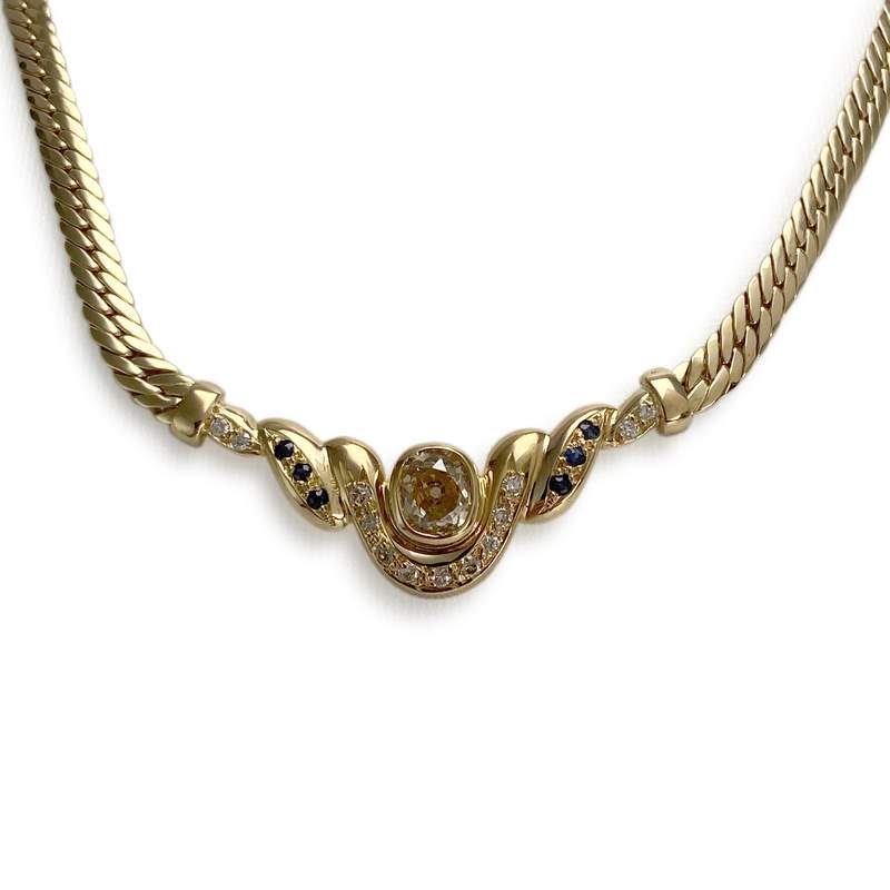 Collier d'occasion or 750 jaune maille anglaise diamants, saphirs - vue 1