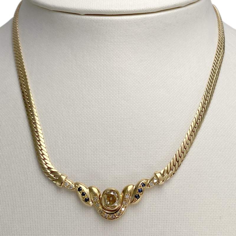 Collier d'occasion or 750 jaune maille anglaise diamants, saphirs - vue 2
