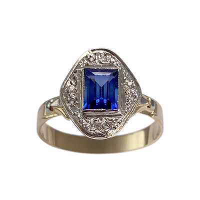 Bague d'occasion 2 ors 750 saphir synthétique, diamants - vue 1