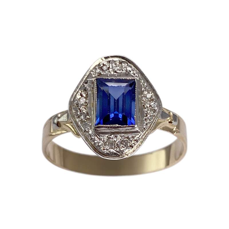 Bague d'occasion 2 ors 750 saphir synthétique, diamants - vue 1