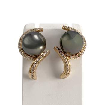 Boucles d'oreilles d'occasion or 585 jaune perles de Tahiti, zirconias
