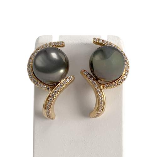 Boucles d'oreilles d'occasion or 585 jaune perles de Tahiti, zirconias