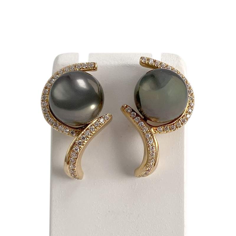 Boucles d'oreilles d'occasion or 585 jaune perles de Tahiti, zirconias - vue 1