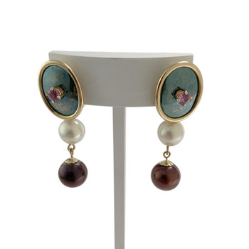 Boucles d'oreilles d'occasion or 750 jaune saphirs, perles de culture