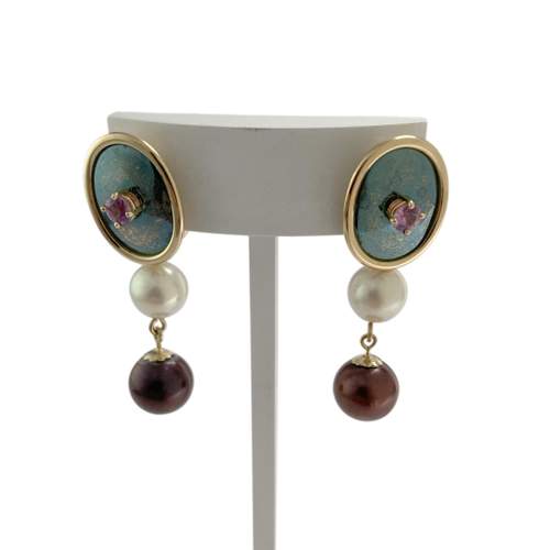 Boucles d'oreilles d'occasion or 750 jaune saphirs, perles de culture