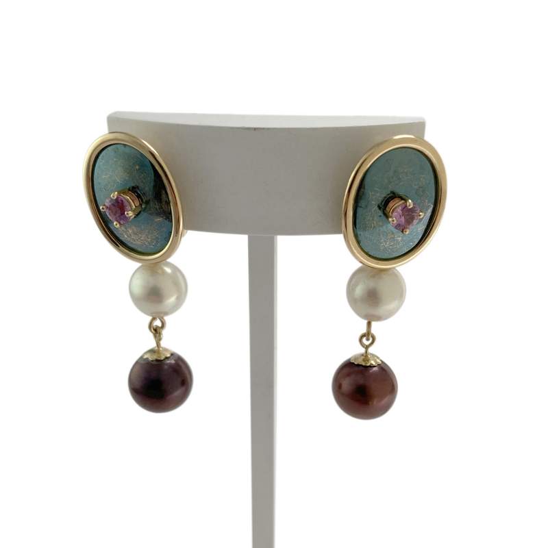 Boucles d'oreilles d'occasion or 750 jaune saphirs, perles de culture - vue 1