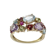 Bague d'occasion or 375 jaune topaze Sky blue, topazes Swiss blue, péridots, grenats rhodolites, grenats, rubis