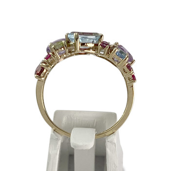 Bague d'occasion or 375 jaune topaze Sky blue, topazes Swiss blue, péridots, grenats rhodolites, grenats, rubis
