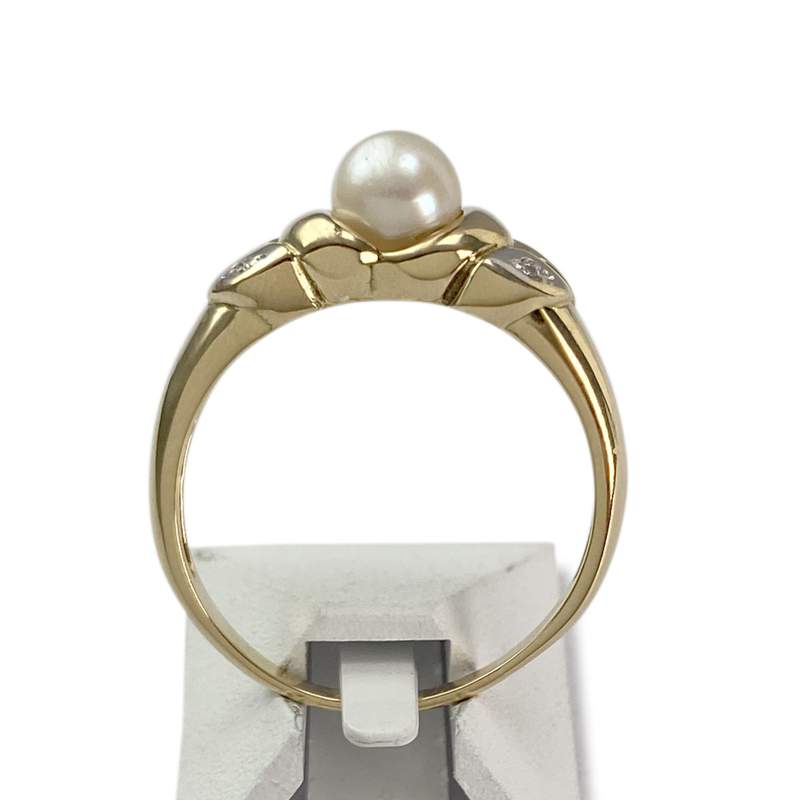 Second hand gold ring 750 yellow cultured pearl diamonds - view 3