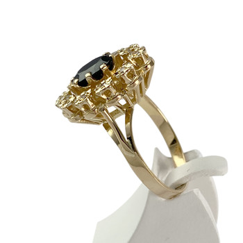 Tweedehands gouden 750 gele diamanten saffieren ring