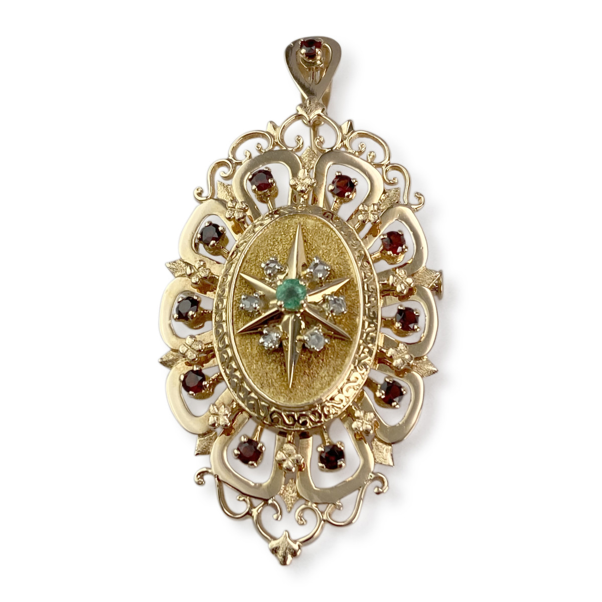 Pendentif d'occasion or 750 jaune grenats émeraude diamants