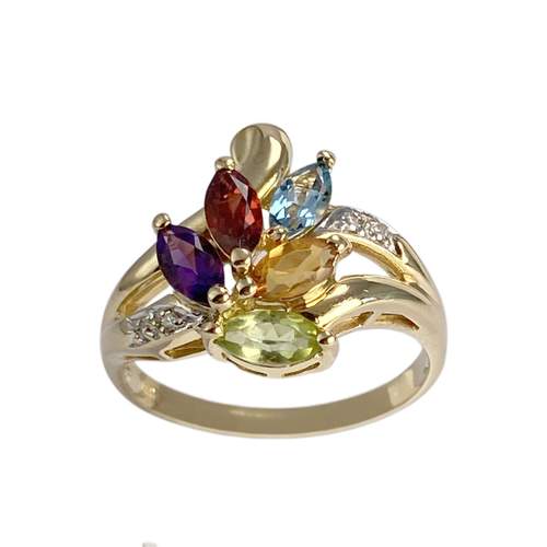 Pre-owned 750 gold two-tone ring with amethyst, garnet, blue topaz, citrine, peridot, and diamond