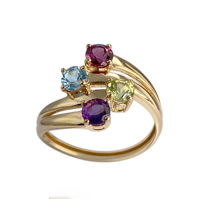 Bague d'occasion or 750 jaune péridot grenat rhodolite améthyste topaze traitée swiss blue
