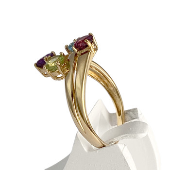 Bague d'occasion or 750 jaune péridot grenat rhodolite améthyste topaze traitée swiss blue