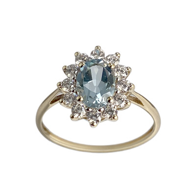 Bague d'occasion or 375 jaune zirconias topaze bleue traitée - vue 1