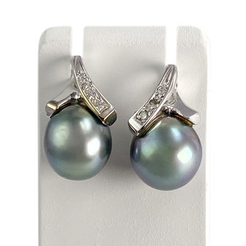 Boucles d'oreilles d'occasion or 750 blanc diamants perles de Tahiti