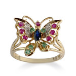 Bague d'occasion or 750 et rhodiée papillon saphir émeraudes rubis diamants - vue 1