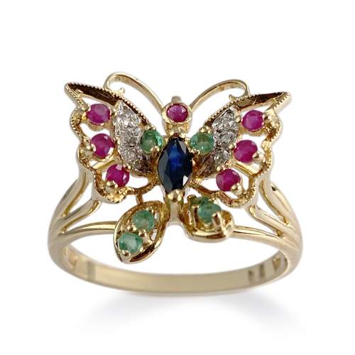 Pre-owned 18K gold and rhodium-plated butterfly ring with sapphires, emeralds, rubies, and diamonds