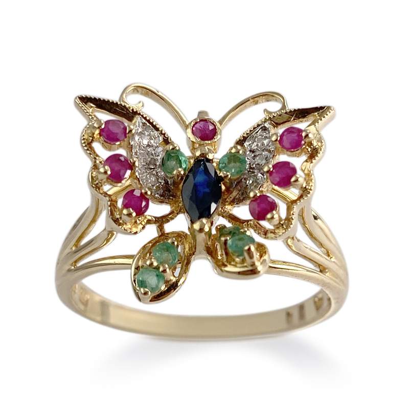 Bague d'occasion or 750 et rhodiée papillon saphir émeraudes rubis diamants - vue 1