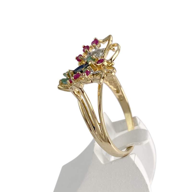 Bague d'occasion or 750 et rhodiée papillon saphir émeraudes rubis diamants - vue 2