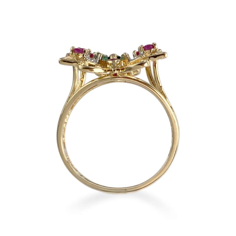 Bague d'occasion or 750 et rhodiée papillon saphir émeraudes rubis diamants - vue 3