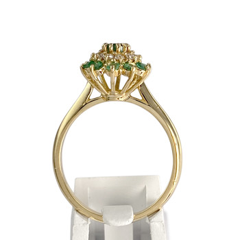 Tweedehands gouden ring 750 gele smaragden diamanten