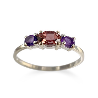 Bague d'occasion or 375 blanc tourmaline rose améthystes