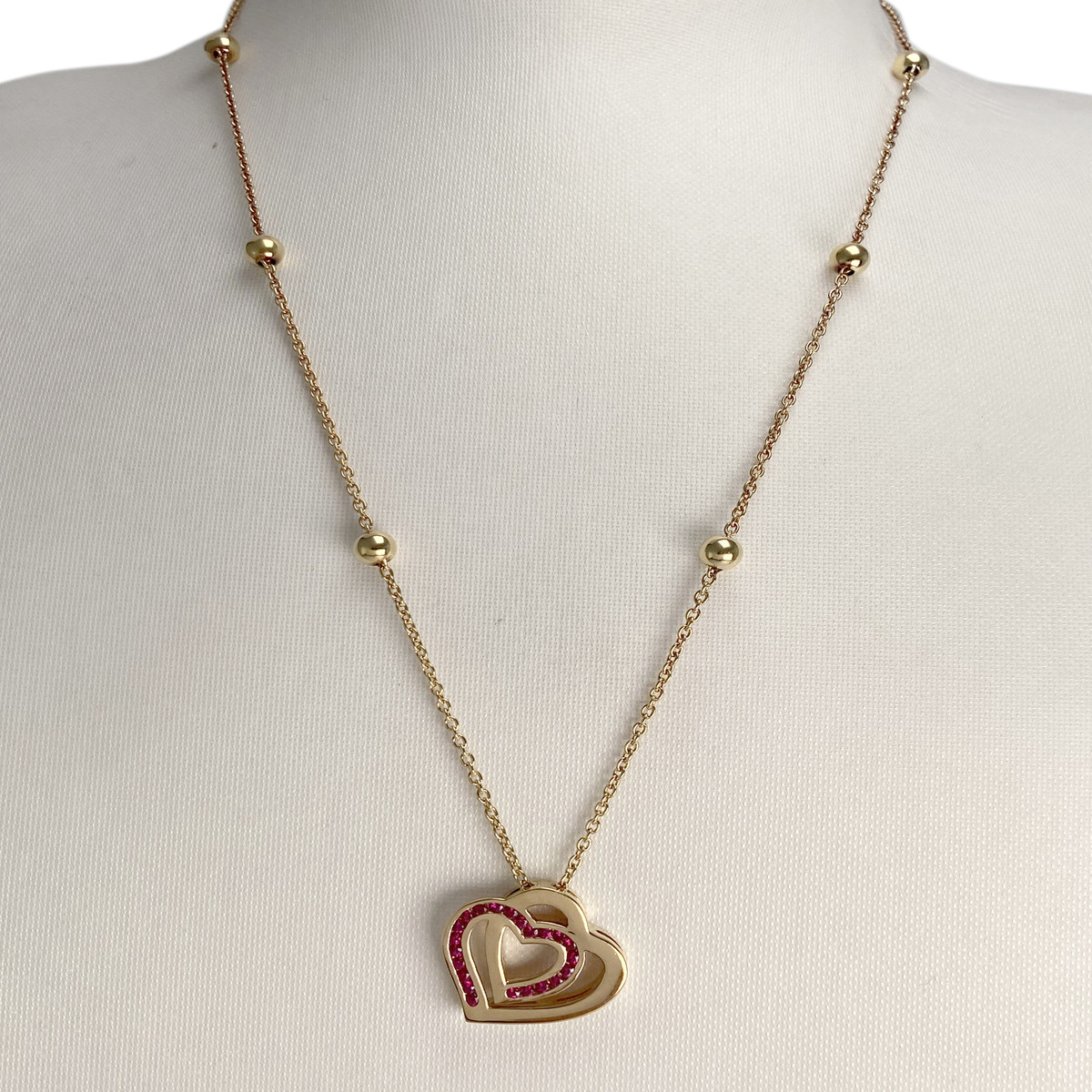 Collier d'occasion or 750 jaune coeurs maille forcat rubis - vue 2