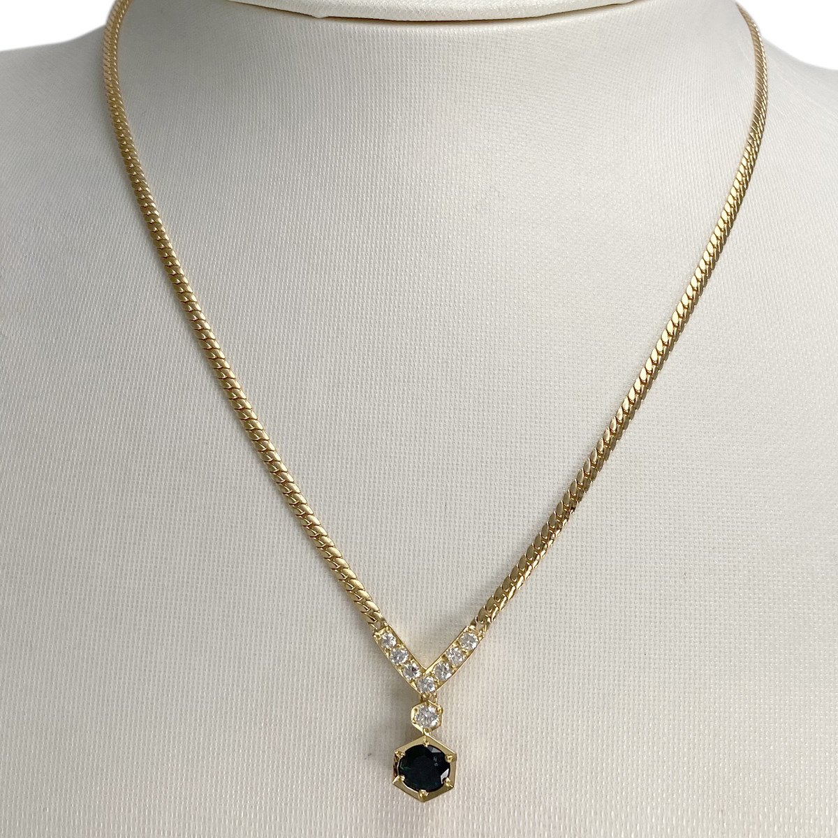 Collier d'occasion or 750 jaune maille anglaise saphir diamants - vue 2