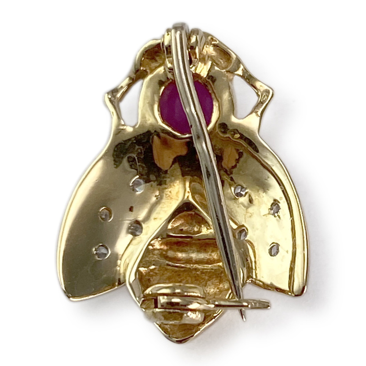 Broche d'occasion or 750 jaune mouche rubis diamant - vue 2