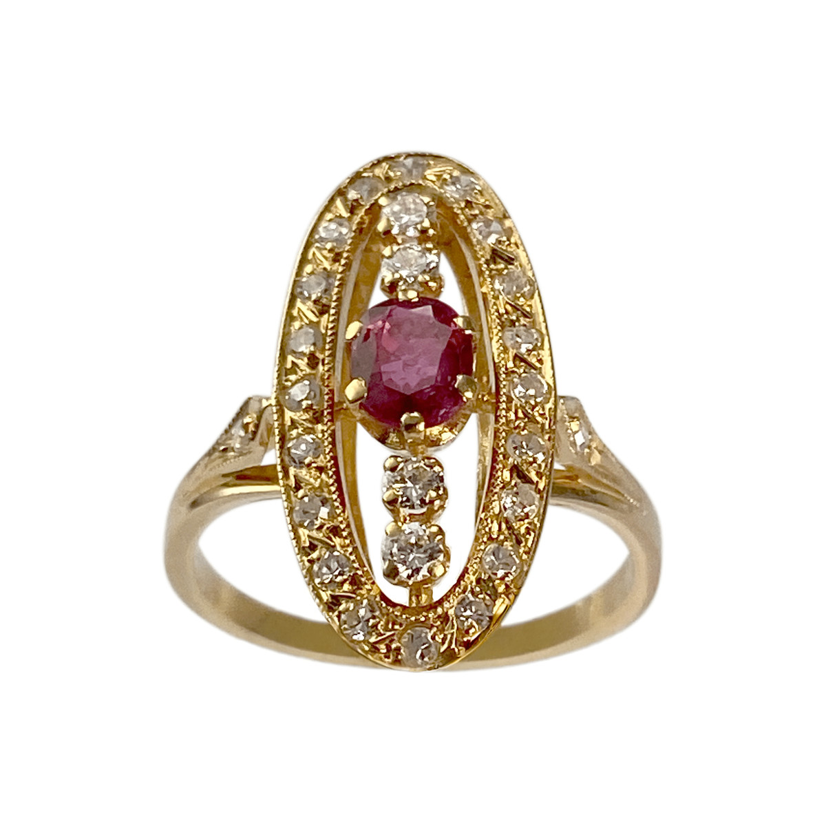 Second-hand gold ring 750 yellow ruby diamonds