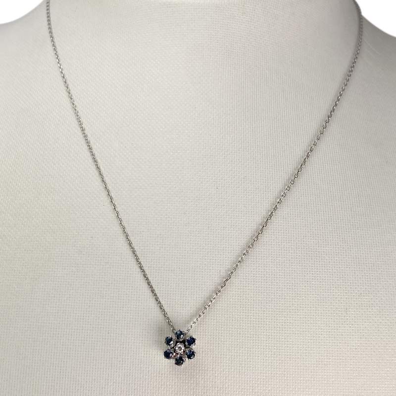 Tweedehands ketting van 750 witgoud met forcat-schakels, diamant en saffier - afbeelding 2
