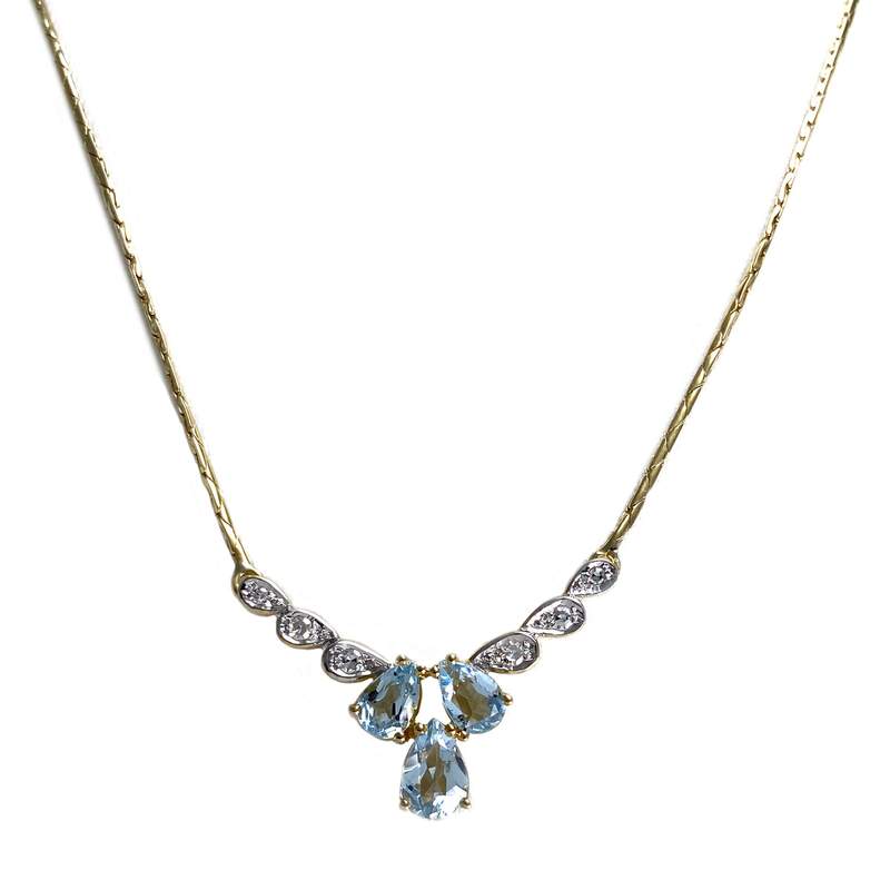 Collier d'occasion  or 750 2 tons maille haricot diamants topazes bleues traitées - vue 1