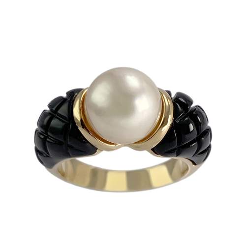 Bague d'occasion or 750 jaune perle de culture résine noire
