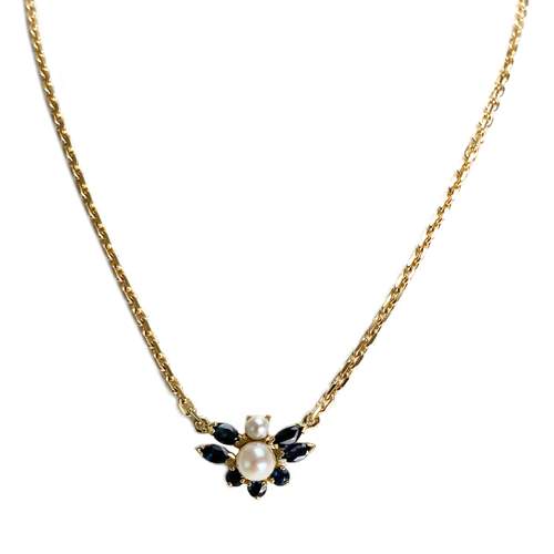 Pre-owned 14K yellow gold chain necklace with sapphires and cultured pearls