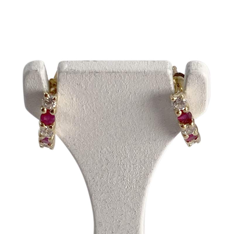 Pre-owned 14K yellow gold earrings with zirconia and rubies - view 1