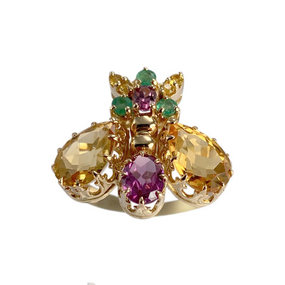 Bague d'occasion or 750 jaune citrines grenats rhodolites émeraudes saphirs jaune - vue 1