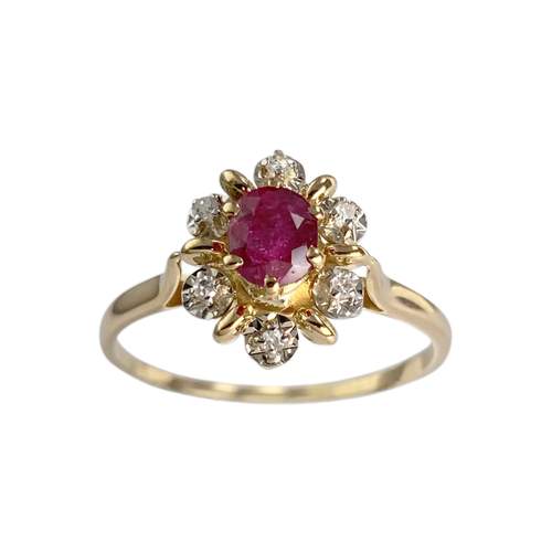 Bague d'occasion or 750 2 tons fleur rubis diamants