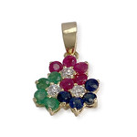 Pendentif d'occasion or 585 jaune fleur rubis saphirs émeraudes zirconias - vue 1