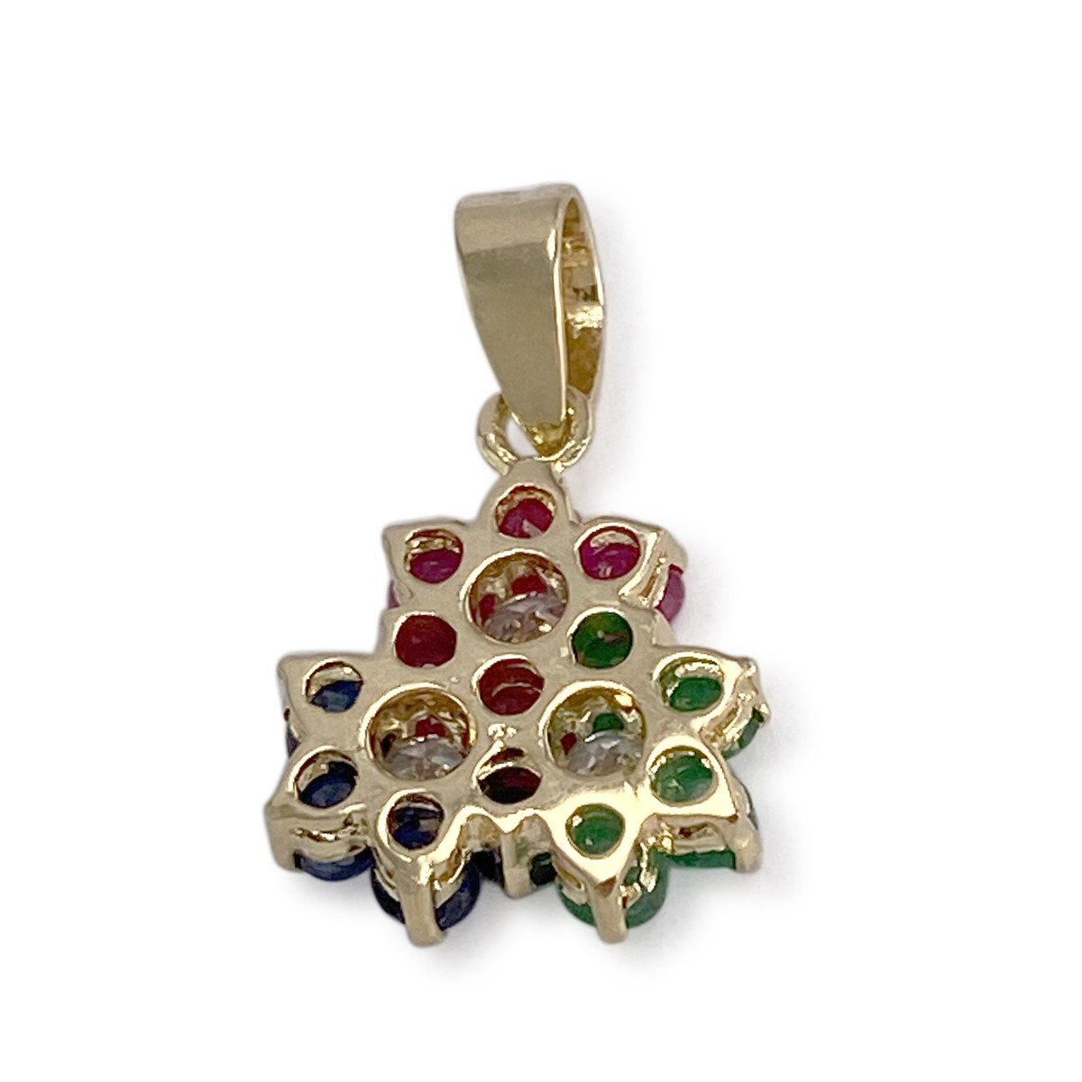 Pendentif d'occasion or 585 jaune fleur rubis saphirs émeraudes zirconias - vue 2
